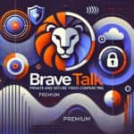 Brave Talk, un serviciu de videoconferință privată și securizată. Cu elemente vizuale precum leul din logo-ul Brave și simboluri de securitate (lacăt, scut), scopul imaginii este să sublinieze confidențialitatea și siguranța comunicațiilor. Liniile abstracte și formele curbe sugerează fluxul de date și conexiunea fără întreruperi.