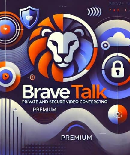 Brave Talk, un serviciu de videoconferință privată și securizată. Cu elemente vizuale precum leul din logo-ul Brave și simboluri de securitate (lacăt, scut), scopul imaginii este să sublinieze confidențialitatea și siguranța comunicațiilor. Liniile abstracte și formele curbe sugerează fluxul de date și conexiunea fără întreruperi.